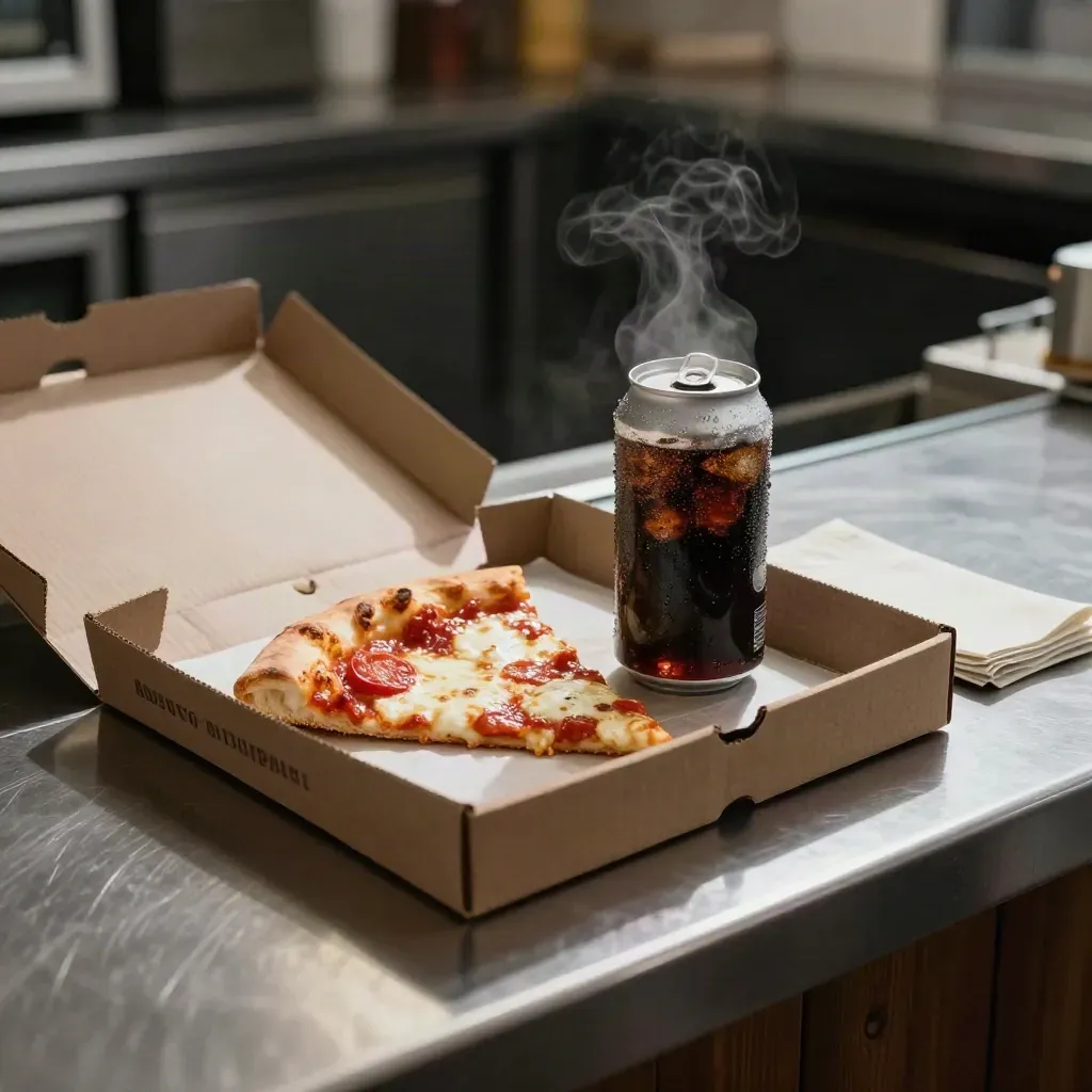 Lunchcombo med pizza, läsk och servettpaket på en rostfri disk med ånga.
