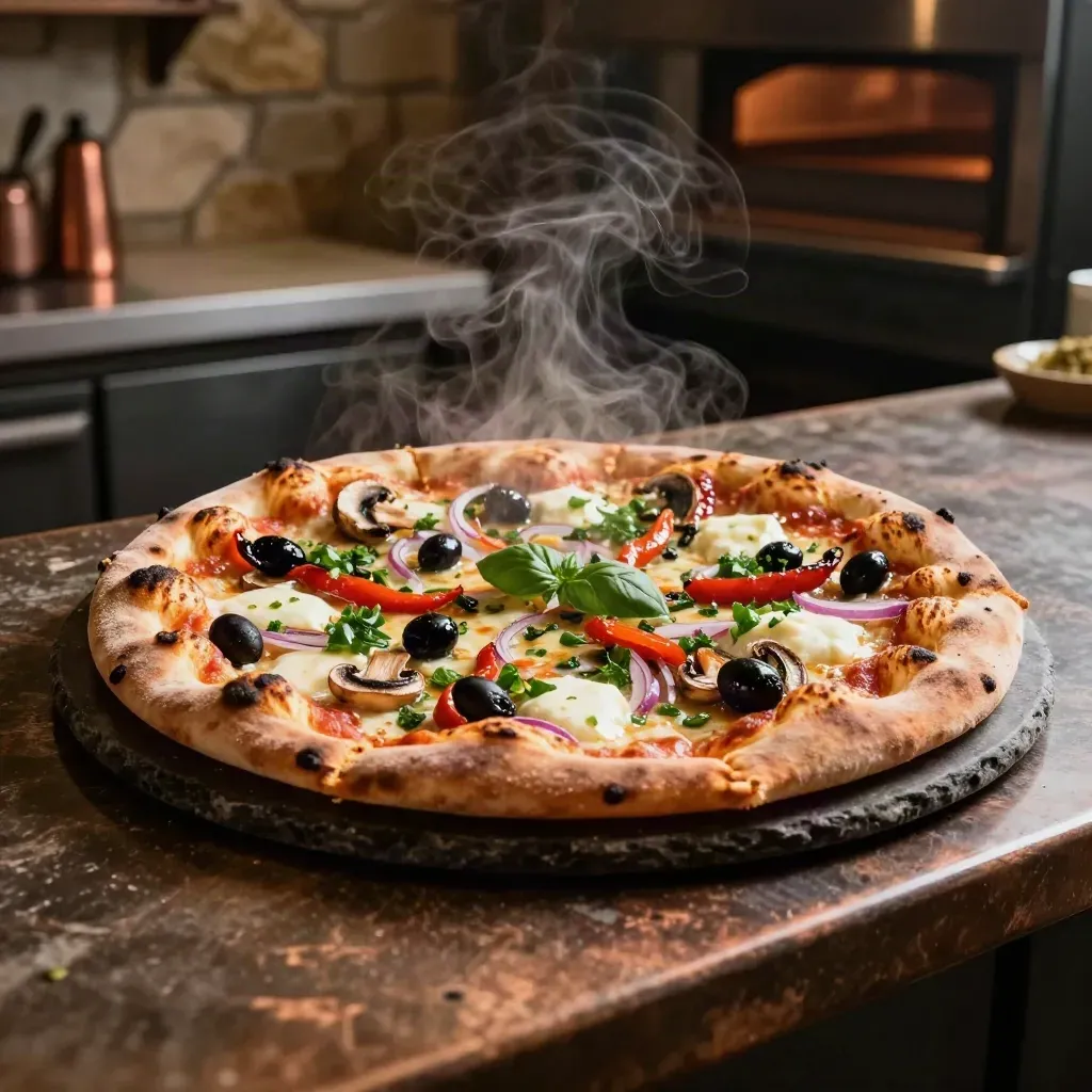 Vegetarisk pizza med svamp, oliver, paprika, rödlök och basilika på mörk stenbräda