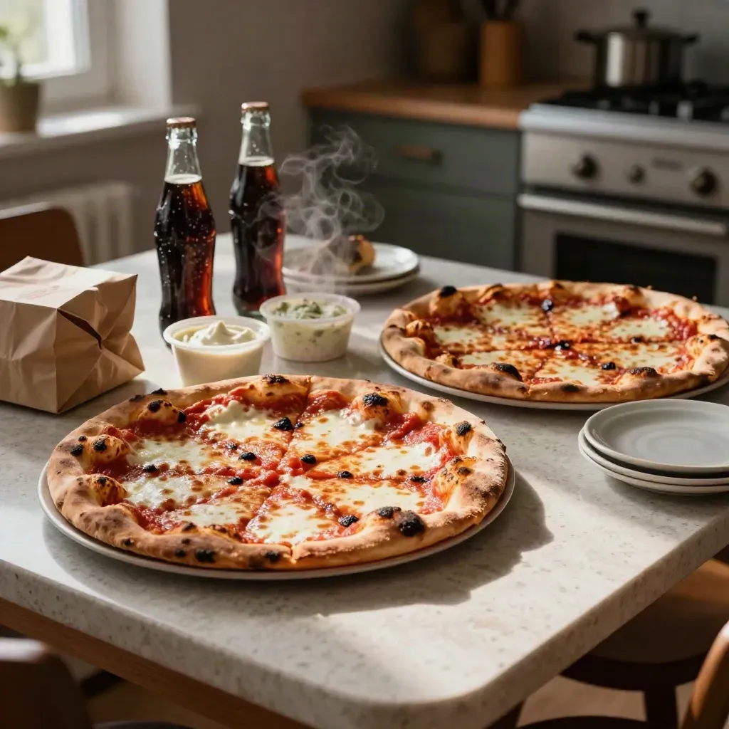 Familjepaket med två pizzor, dryck och dip på ett varmt köksbord.