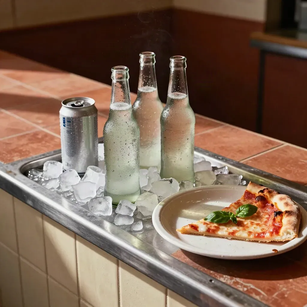 Kalla läskedrycker med kondens bredvid en pizzaslice på en bricka med is.