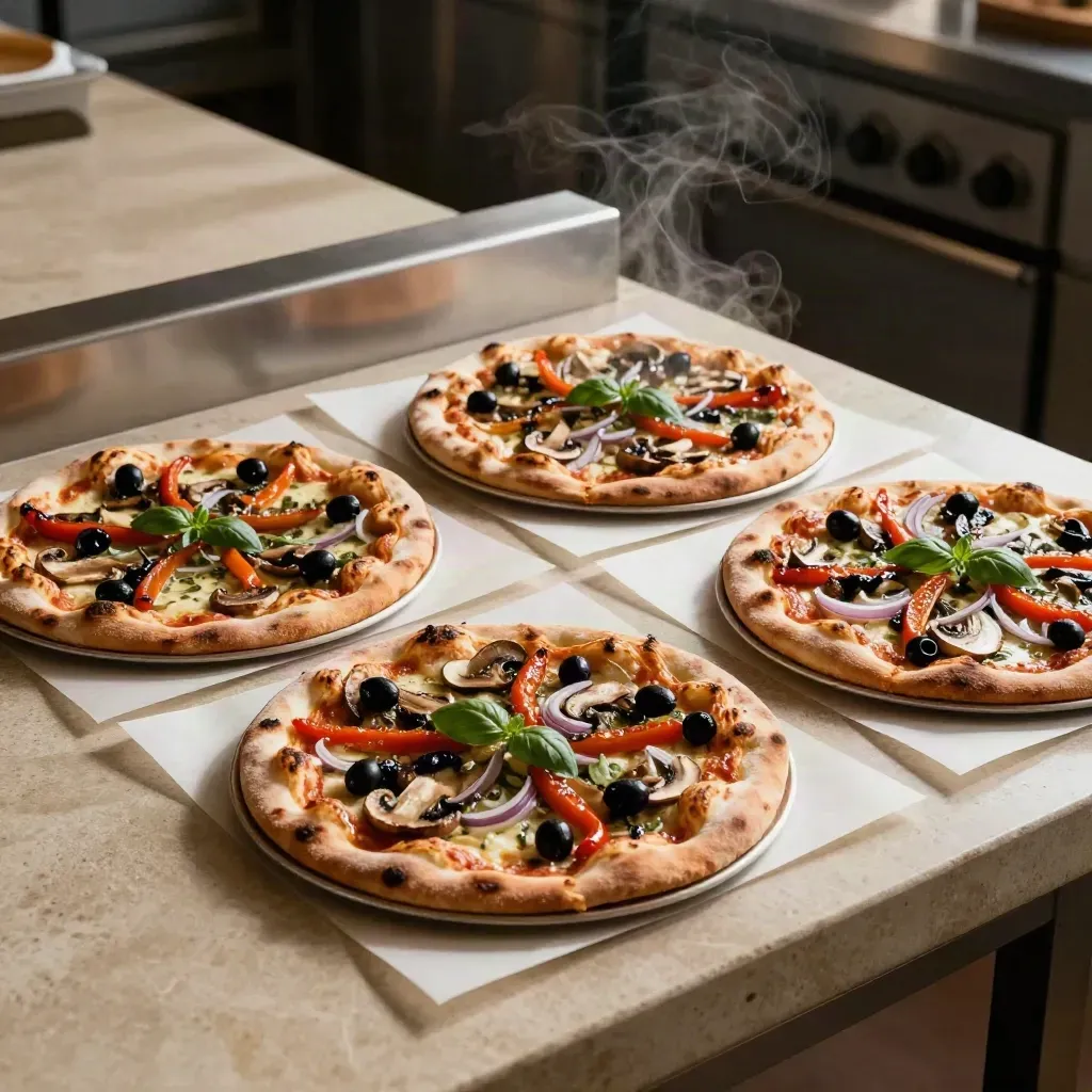 Fyra vegetariska pizzor på bakplåtspapper med ånga och basilika.