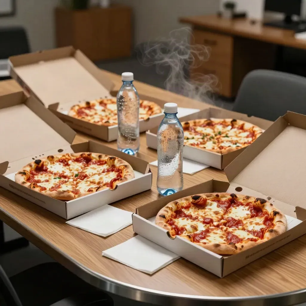 Fyra pizzakartonger med rykande slices, servetter och bubbelvatten på ett kontorsbord.