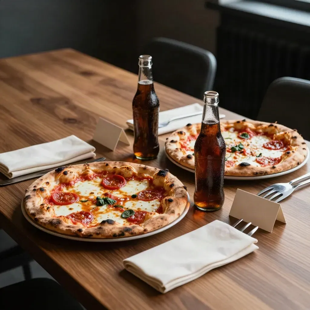Två pizzor och läsk på ett mötesbord, redo för kontorslunch i dunkelt ljus.