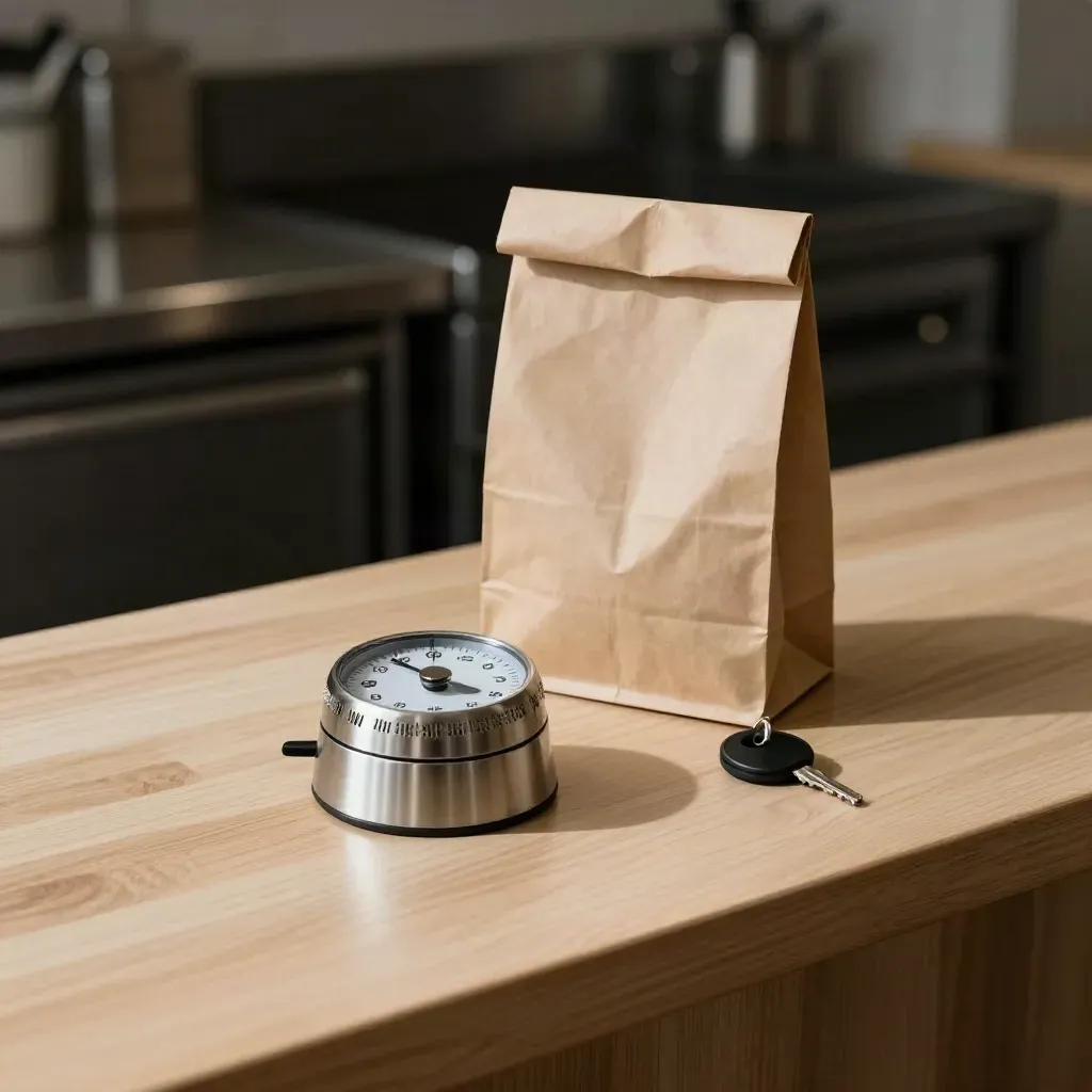 Brödtimer, takeaway-påse och nyckelring på ljus träbänk i pizzeria.